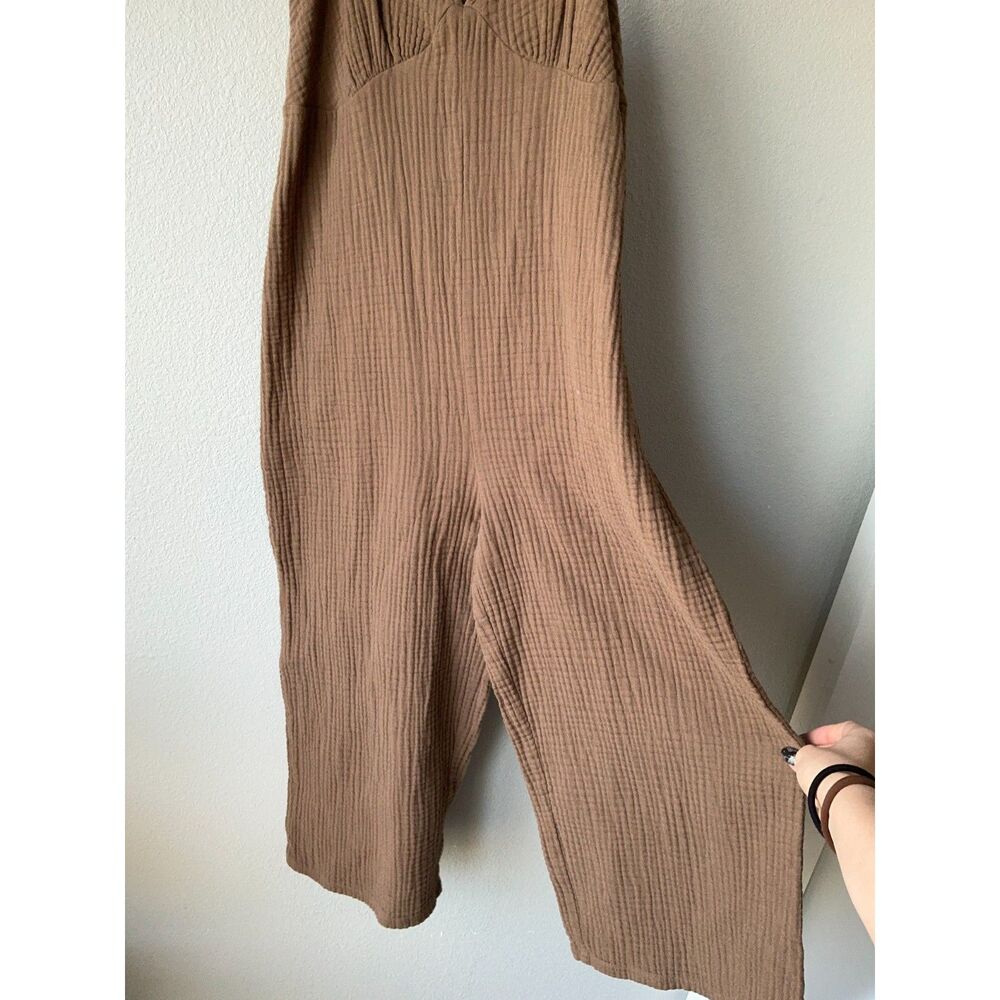 Tan Cotton Gauze Romper Size M Wide Leg V Neck Coastal Linen Look Jumpsuit